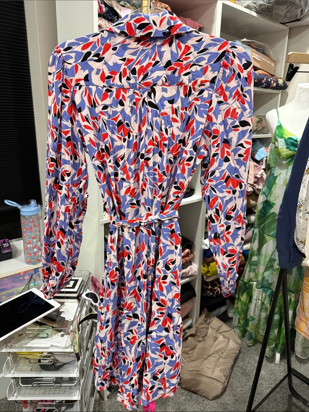 Well Worn Red Blue White Long-Sleeve Tie-Waist Shirt Dress Buttons pockets Small - Picture 3 of 8